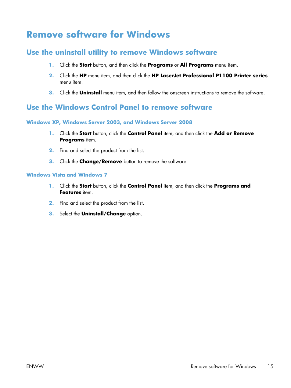 Remove software for windows, Use the windows control panel to remove software | HP LASERJET PRO P1102w User Manual | Page 29 / 158