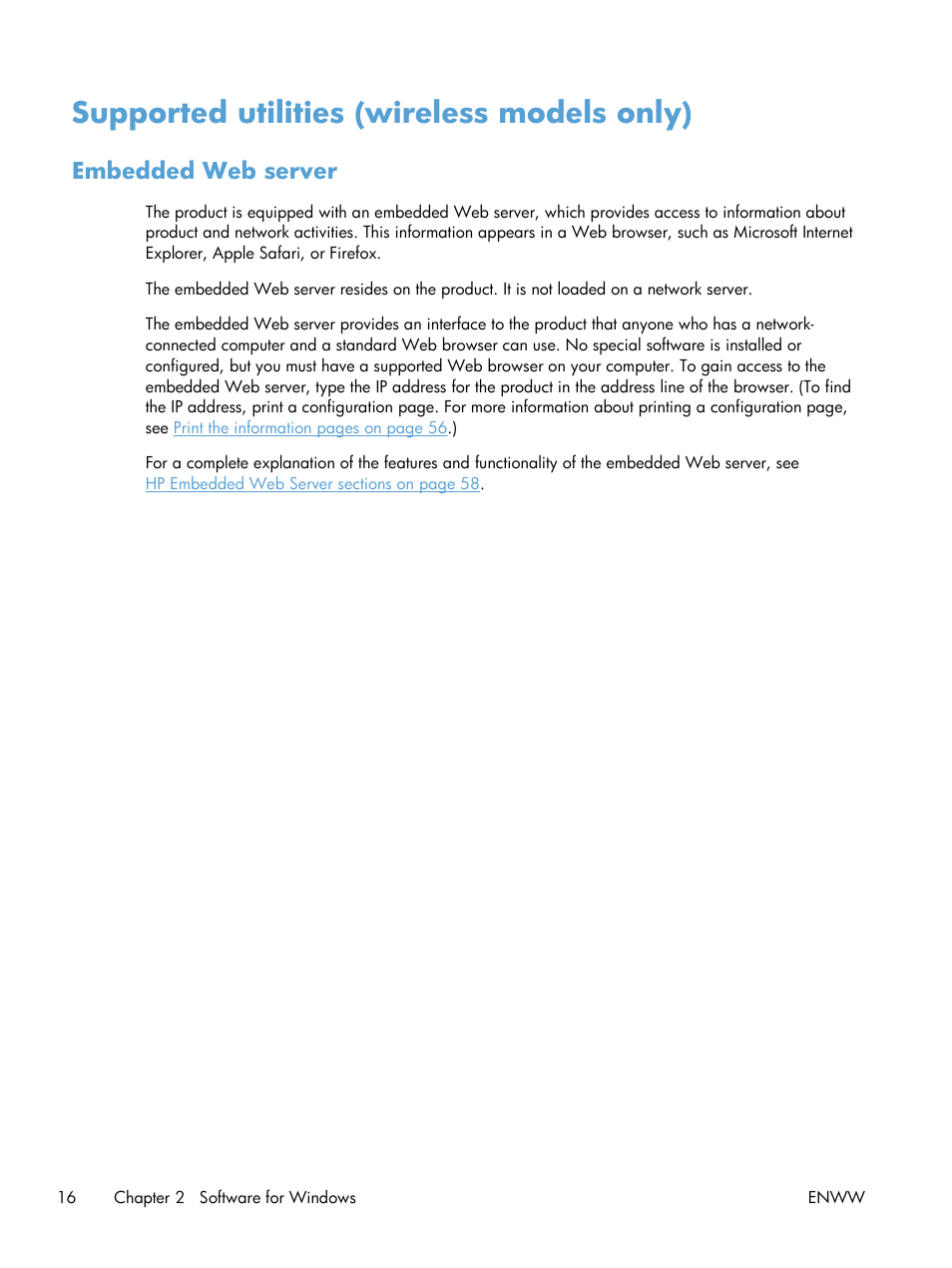 Supported utilities (wireless models only), Embedded web server | HP LASERJET PRO P1102w User Manual | Page 30 / 158