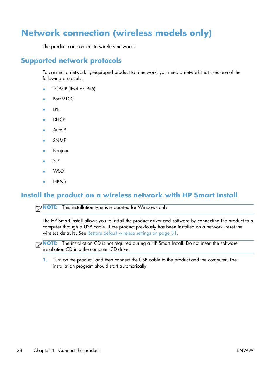 Network connection (wireless models only), Supported network protocols | HP LASERJET PRO P1102w User Manual | Page 42 / 158