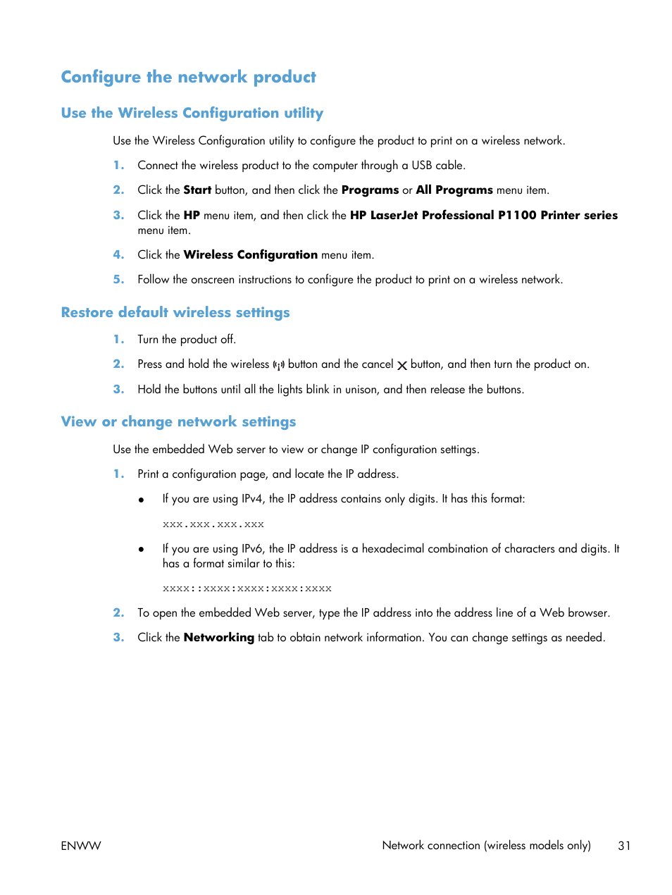 Configure the network product, Use the wireless configuration utility, Restore default wireless settings | View or change network settings | HP LASERJET PRO P1102w User Manual | Page 45 / 158