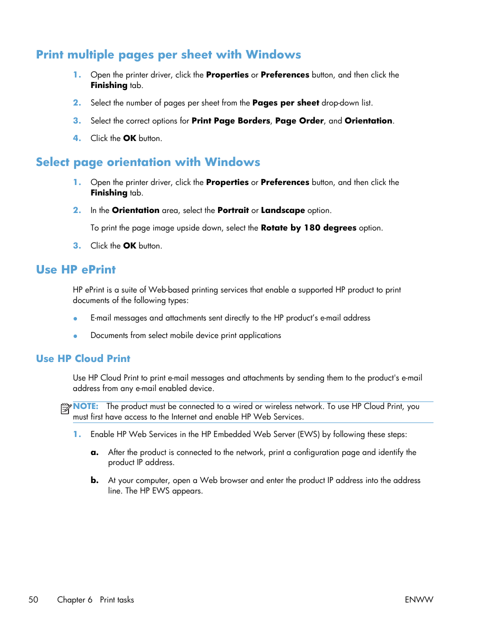 Use hp eprint, Use hp cloud print, Print multiple pages per sheet with windows | Select page orientation with windows | HP LASERJET PRO P1102w User Manual | Page 64 / 158