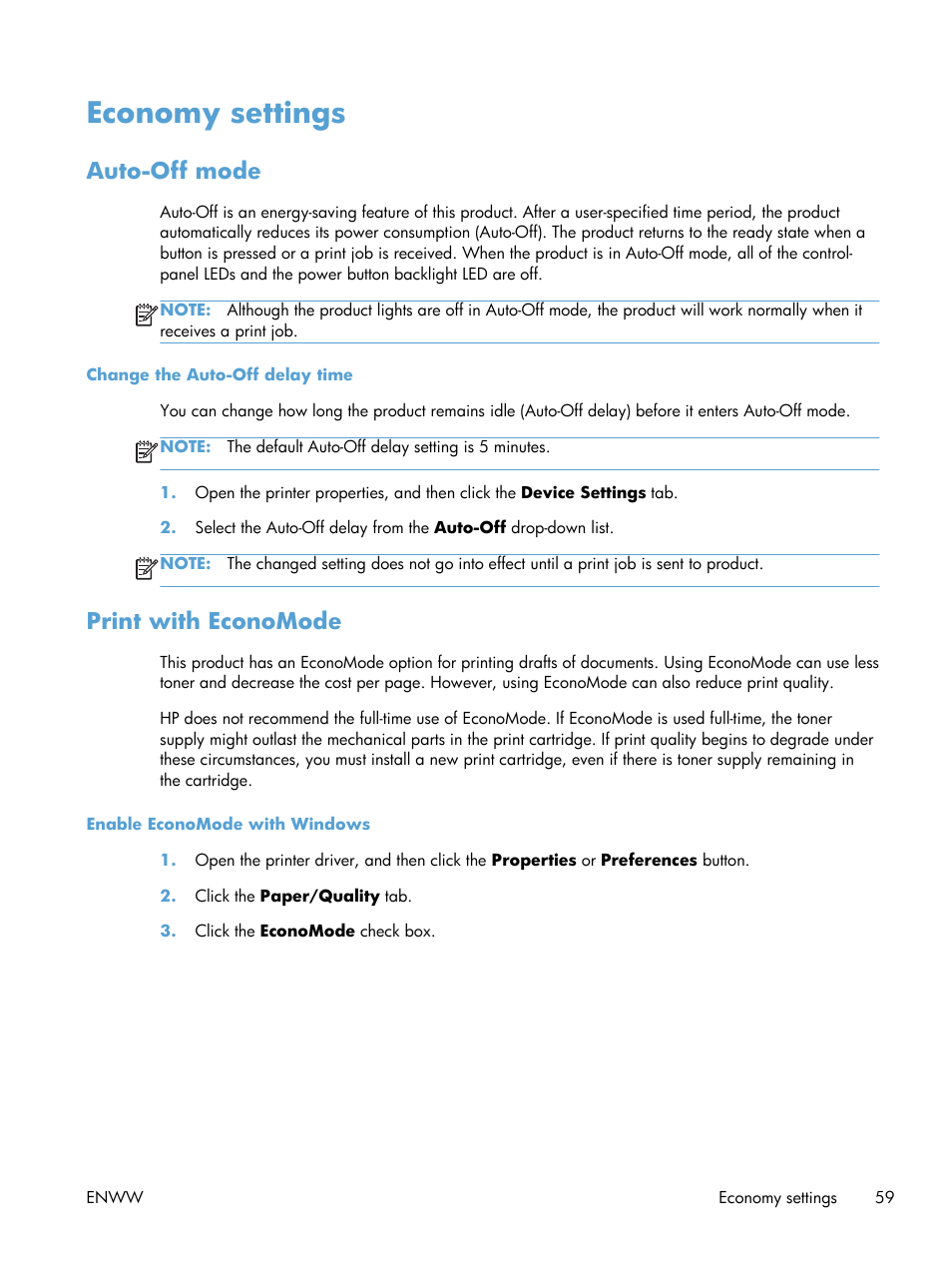 Economy settings, Auto-off mode, Print with economode | Auto-off mode print with economode | HP LASERJET PRO P1102w User Manual | Page 73 / 158