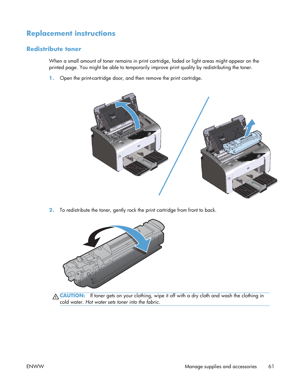 Replacement instructions, Redistribute toner | HP LASERJET PRO P1102w User Manual | Page 75 / 158