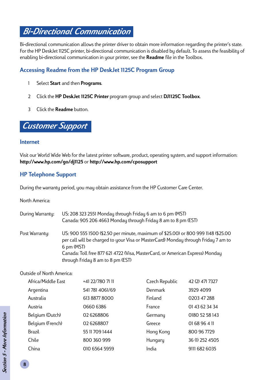 Section, Bi-directional communication, Customer support | More information, Customer support bi-directional communication | HP Deskjet 1125c Printer User Manual | Page 10 / 44