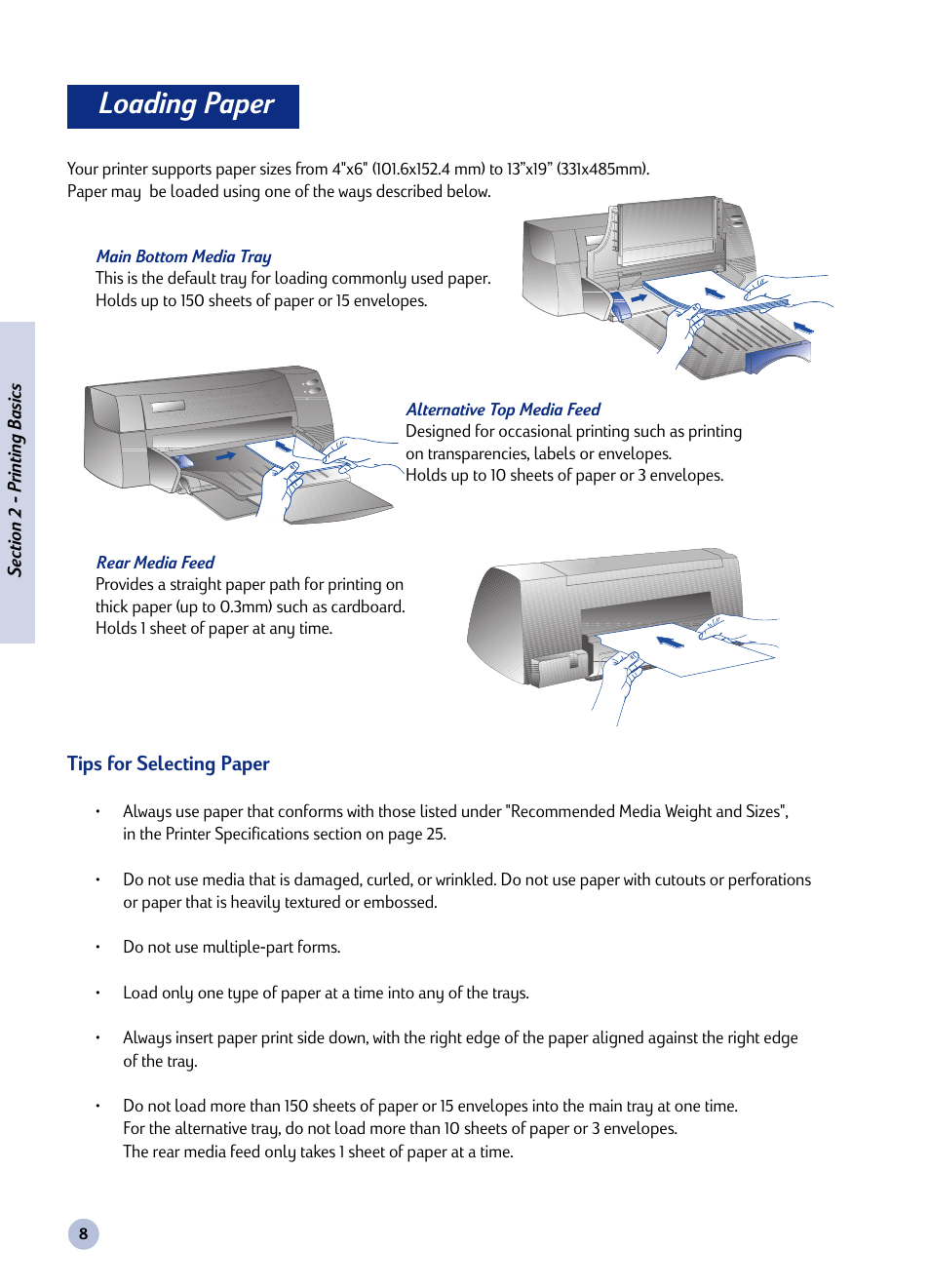 Section, Loading paper, Printing basics | HP Deskjet 1125c Printer User Manual | Page 23 / 44