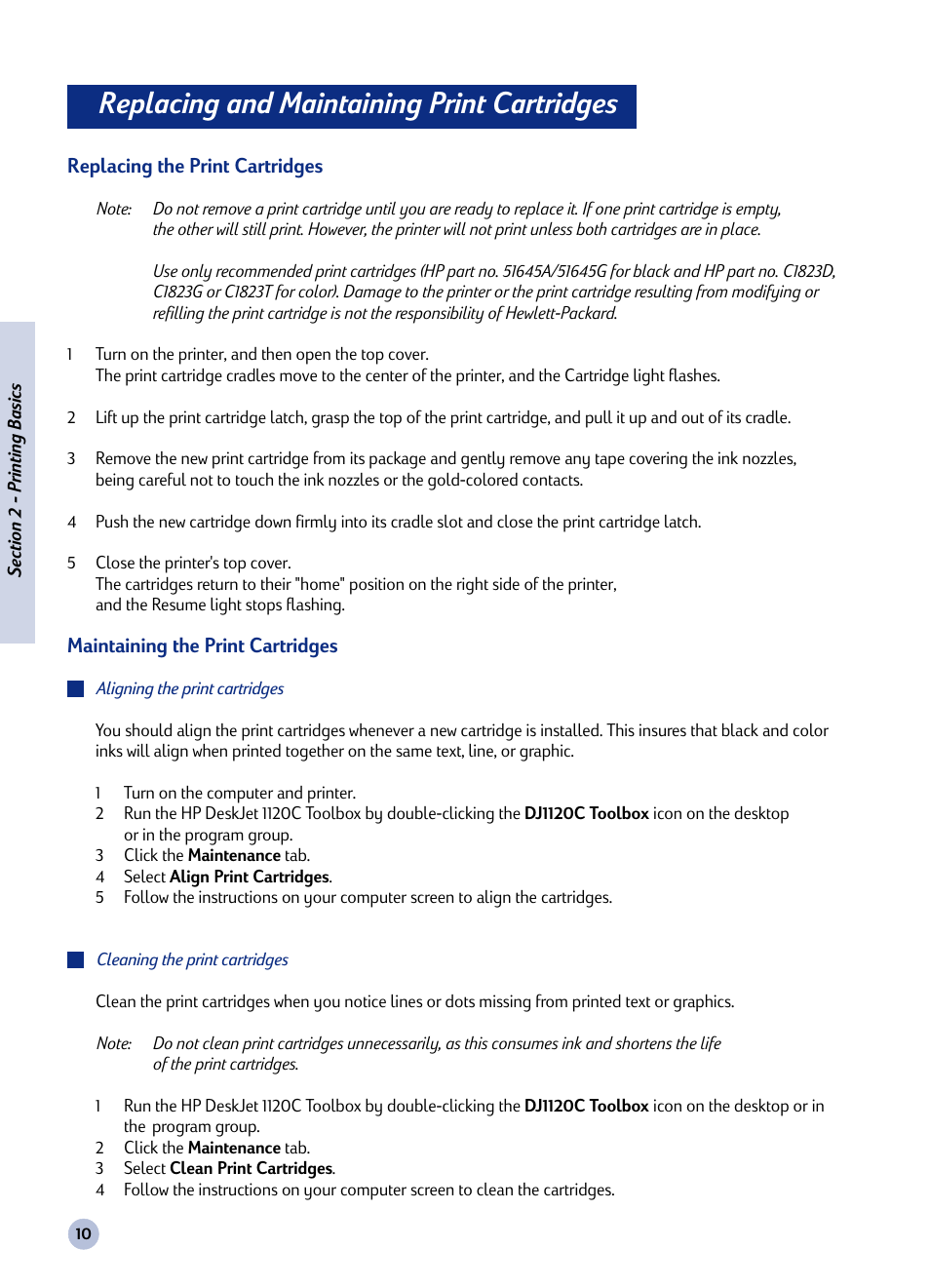 Replacing and maintaining print cartridges | HP Deskjet 1125c Printer User Manual | Page 25 / 44