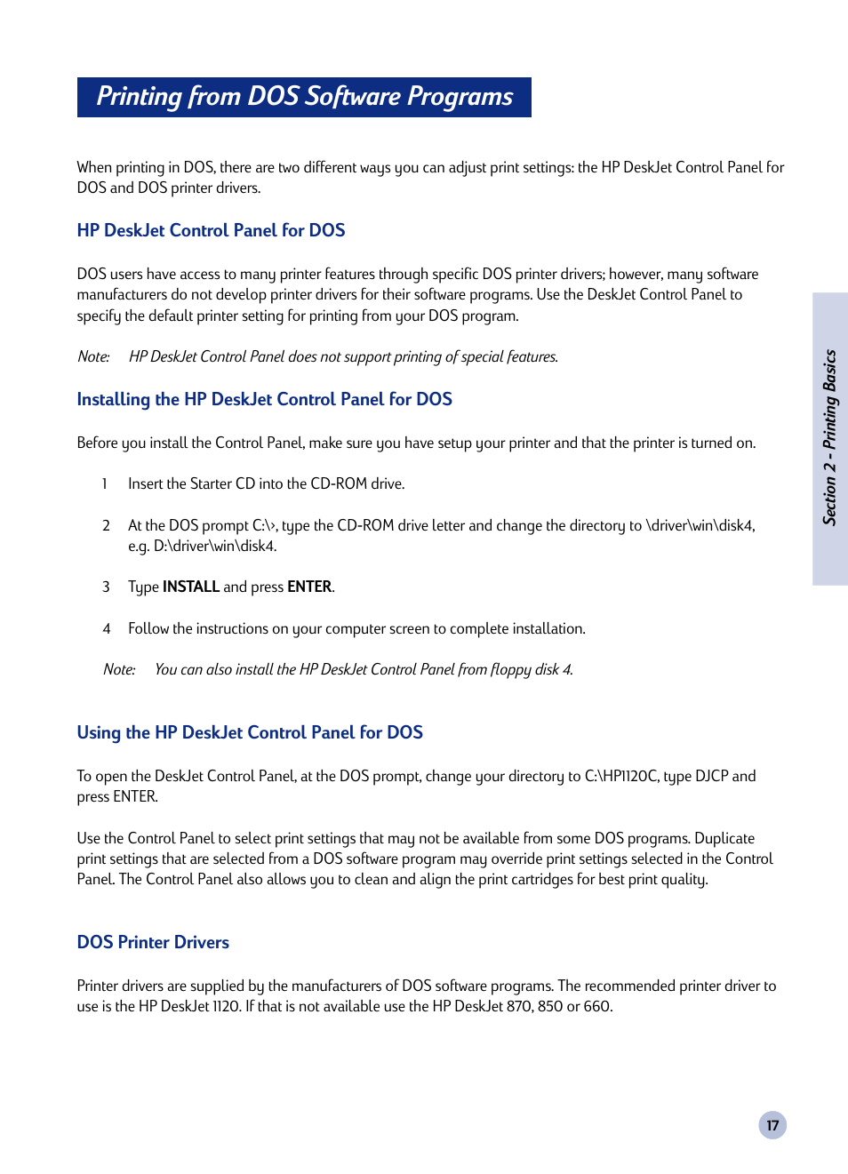 Printing from dos software programs | HP Deskjet 1125c Printer User Manual | Page 32 / 44