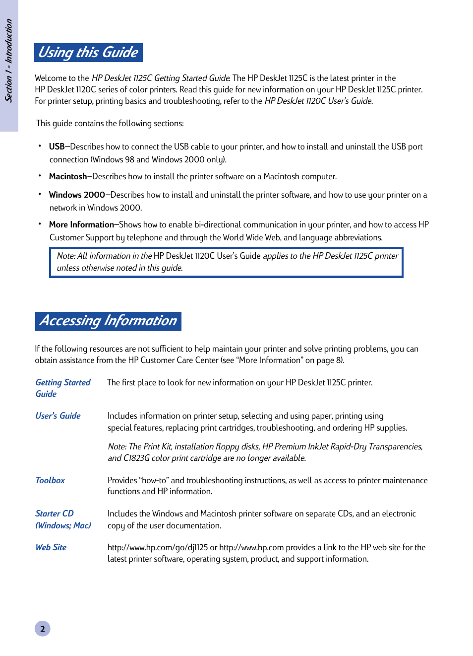 Section, Using this guide, Accessing information | Introduction, Using this guide accessing information | HP Deskjet 1125c Printer User Manual | Page 4 / 44