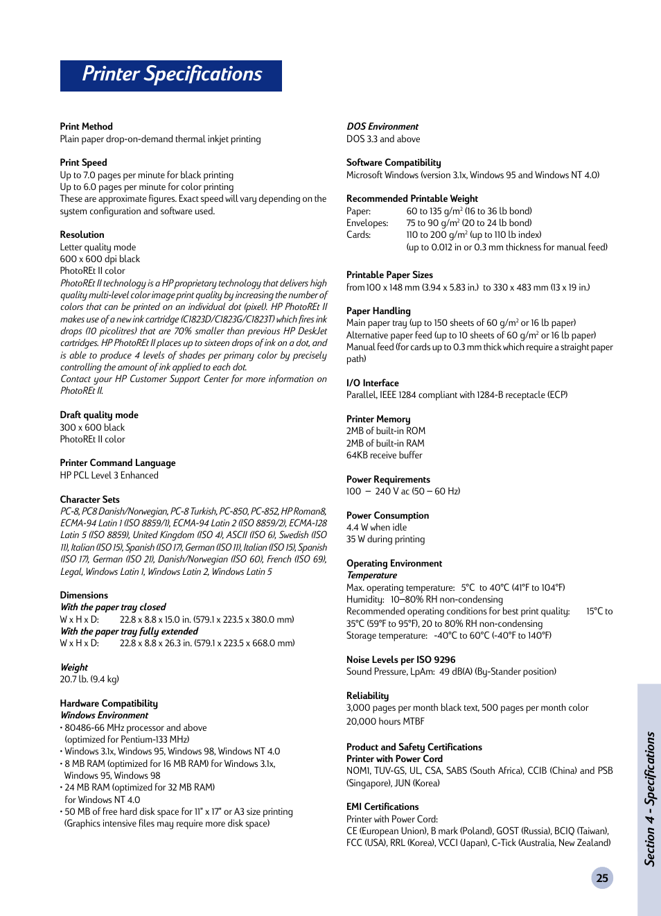 Section, Printer specifications, Specifications | HP Deskjet 1125c Printer User Manual | Page 40 / 44