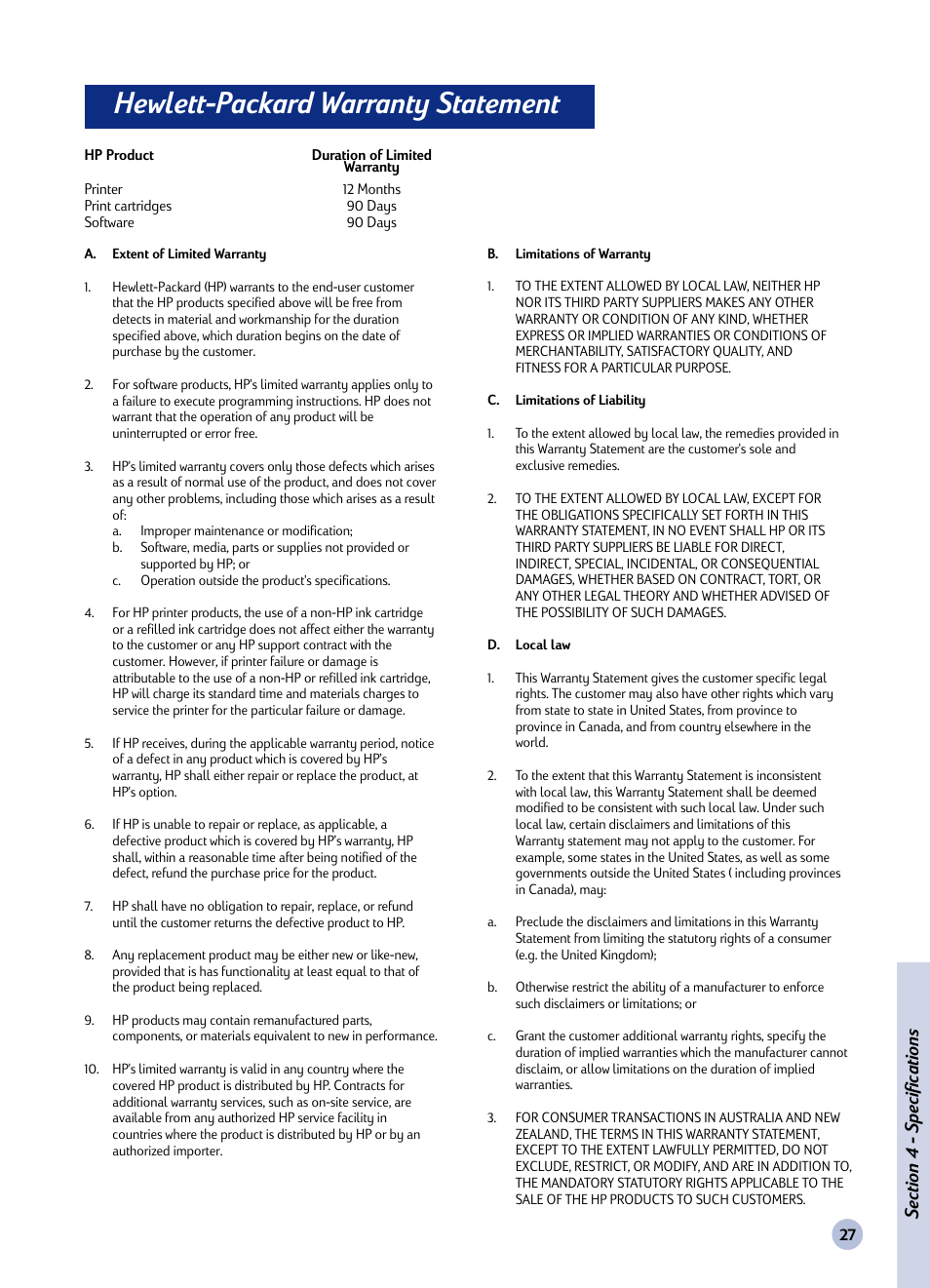 Hewlett-packard warranty statement | HP Deskjet 1125c Printer User Manual | Page 42 / 44