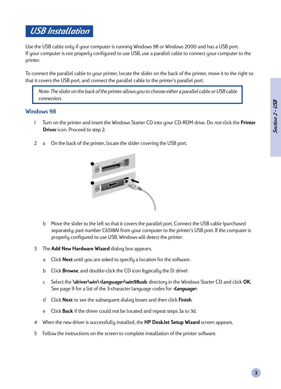 Section, Usb installation | HP Deskjet 1125c Printer User Manual | Page 5 / 44