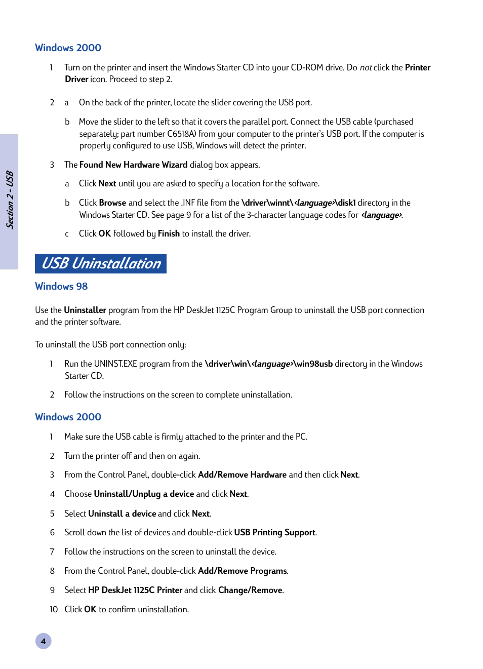 Usb uninstallation | HP Deskjet 1125c Printer User Manual | Page 6 / 44