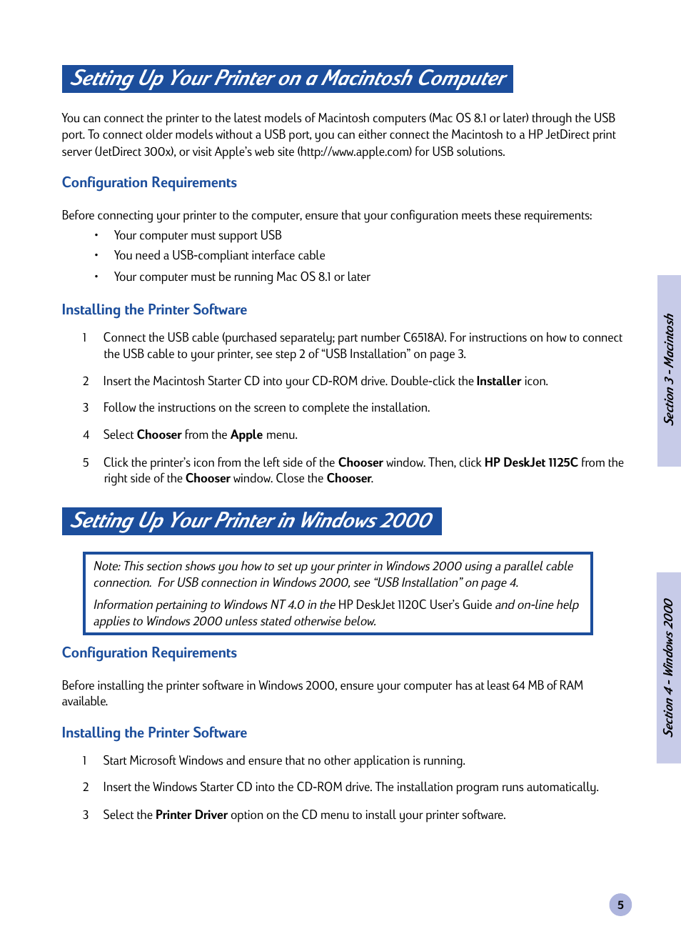 Section, Setting up your printer on a macintosh computer, Setting up your printer in windows 2000 | Macintosh, Windows 2000 | HP Deskjet 1125c Printer User Manual | Page 7 / 44