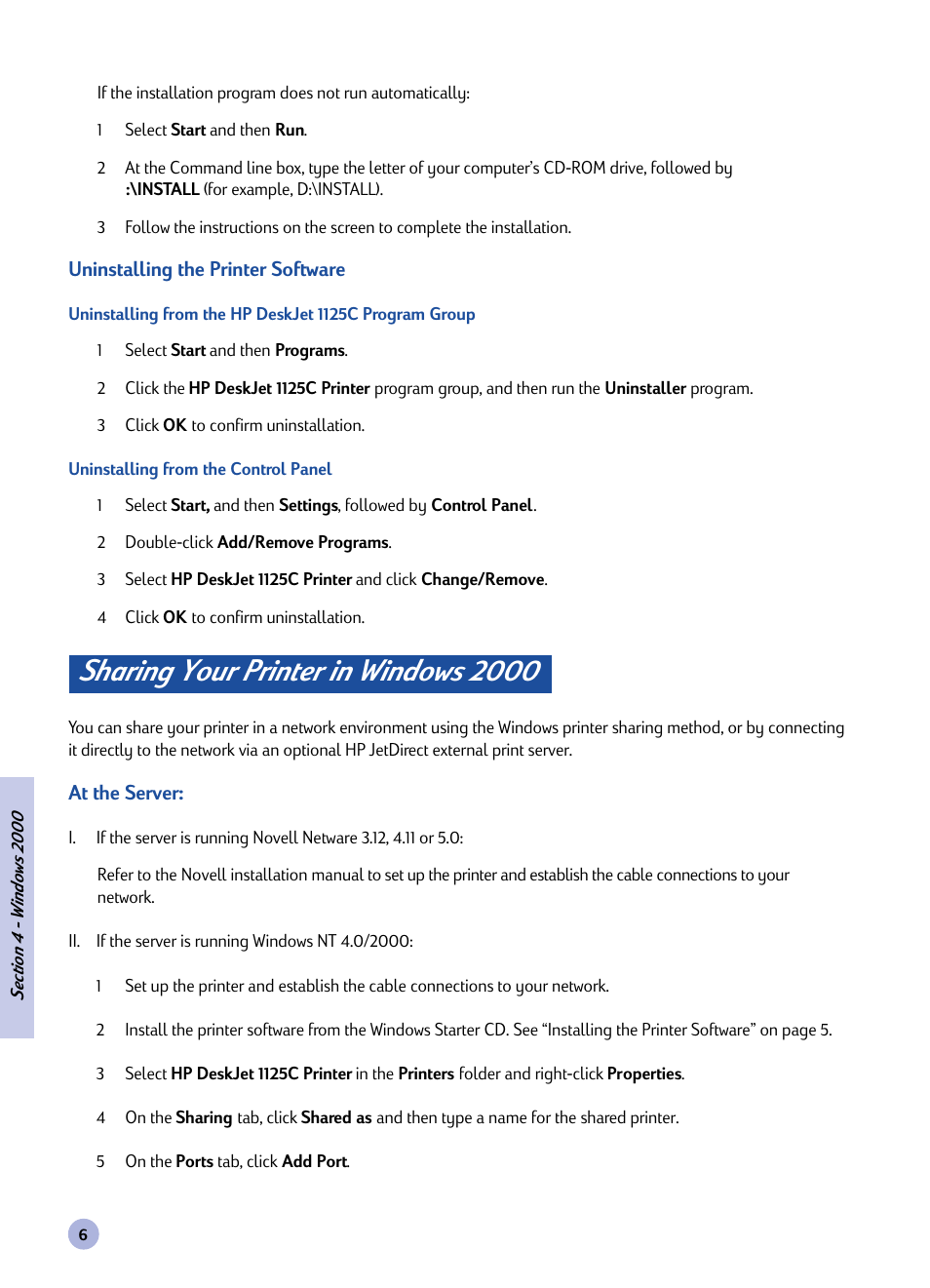 Sharing your printer in windows 2000 | HP Deskjet 1125c Printer User Manual | Page 8 / 44