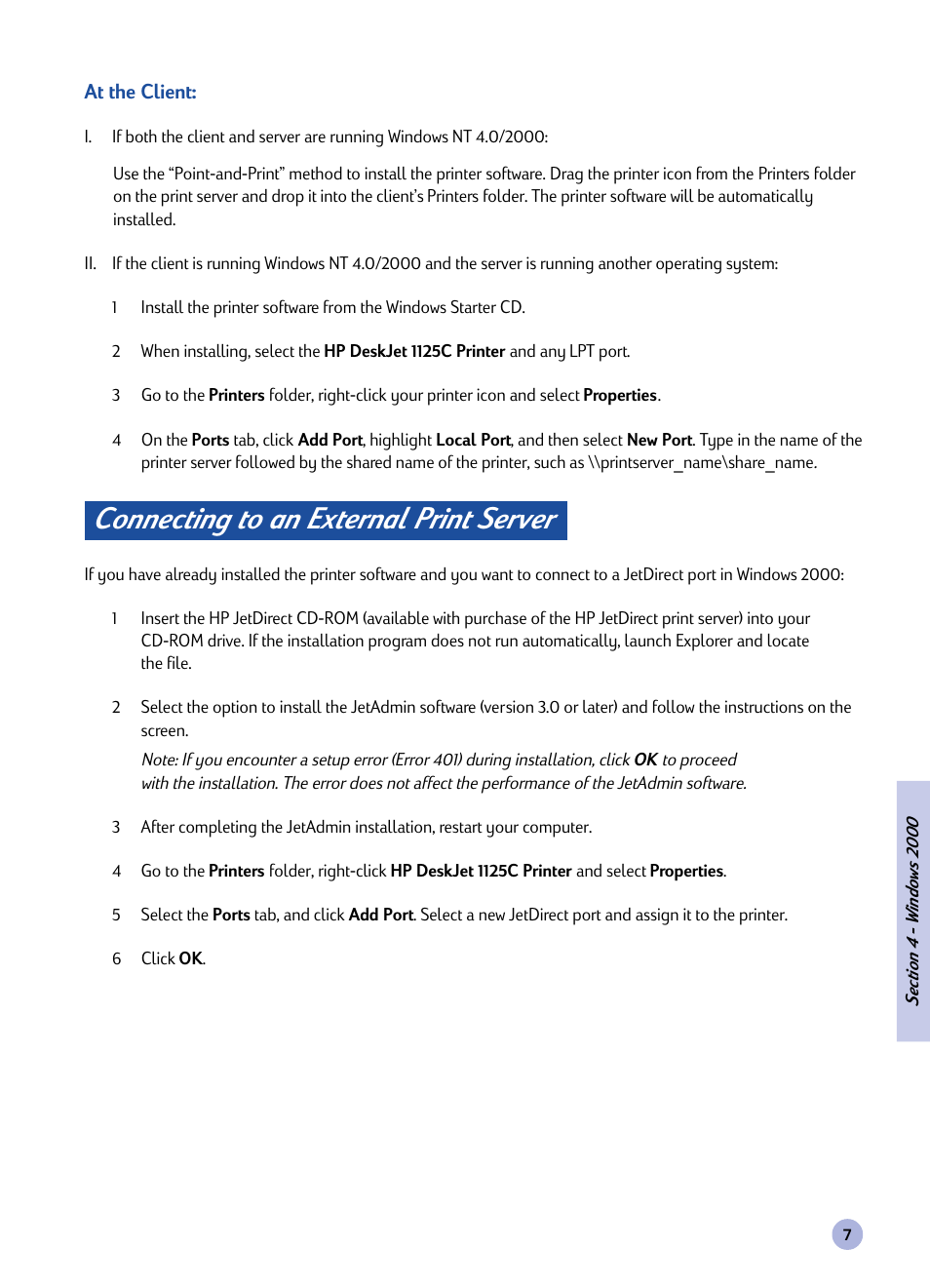 Connecting to an external print server | HP Deskjet 1125c Printer User Manual | Page 9 / 44