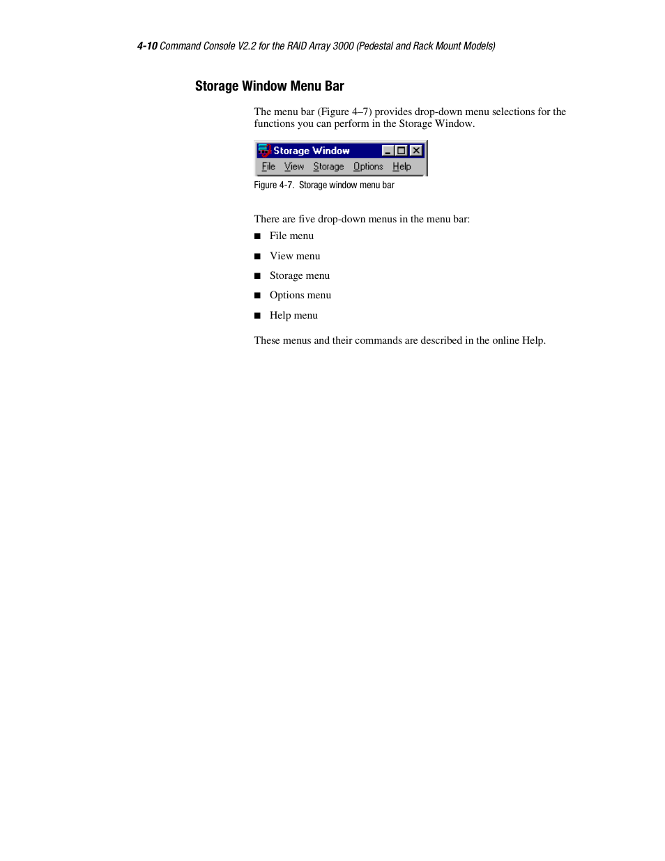 Storage window menu bar | HP StorageWorks 3000 RAID Array User Manual | Page 108 / 126