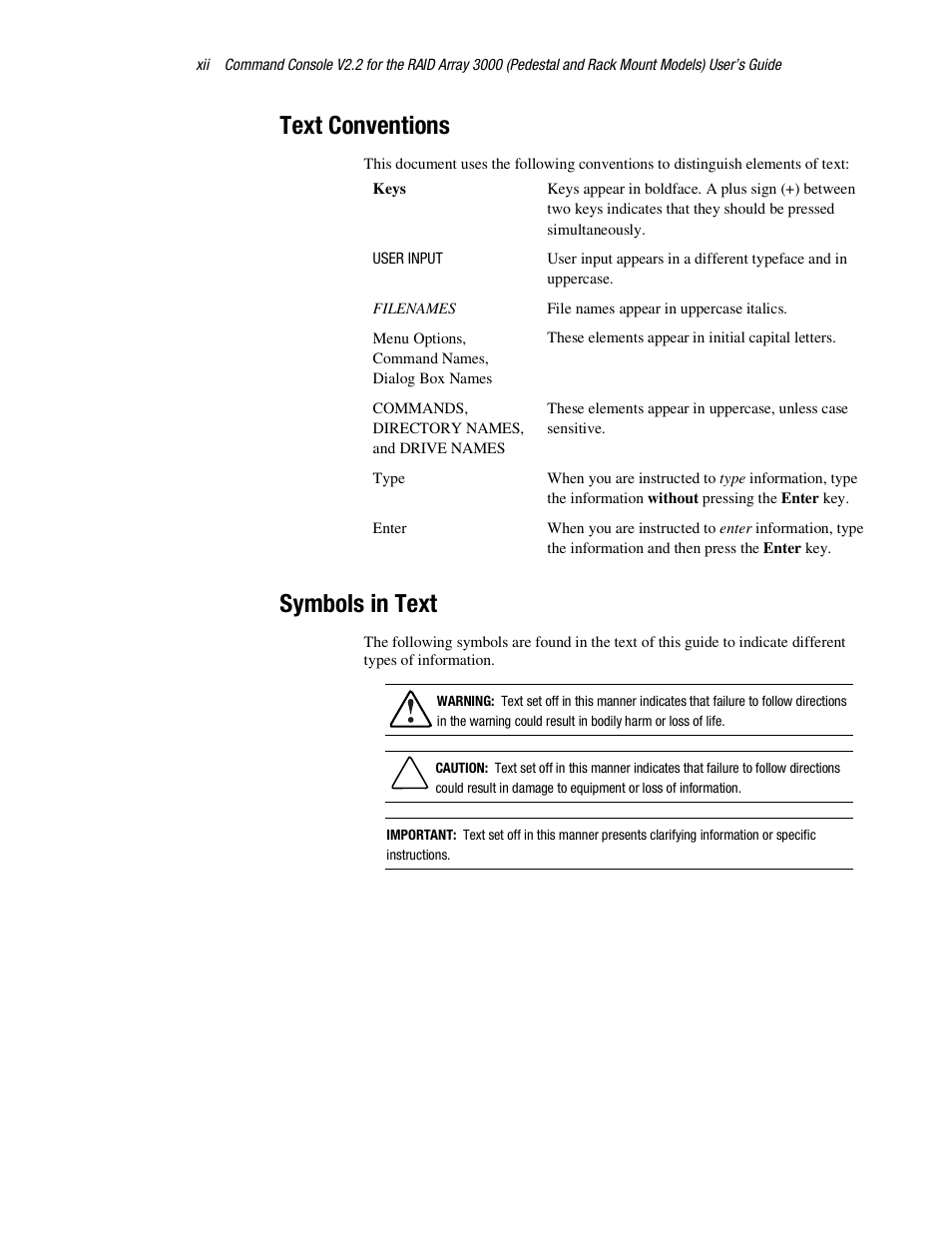 Text conventions, Symbols in text | HP StorageWorks 3000 RAID Array User Manual | Page 12 / 126