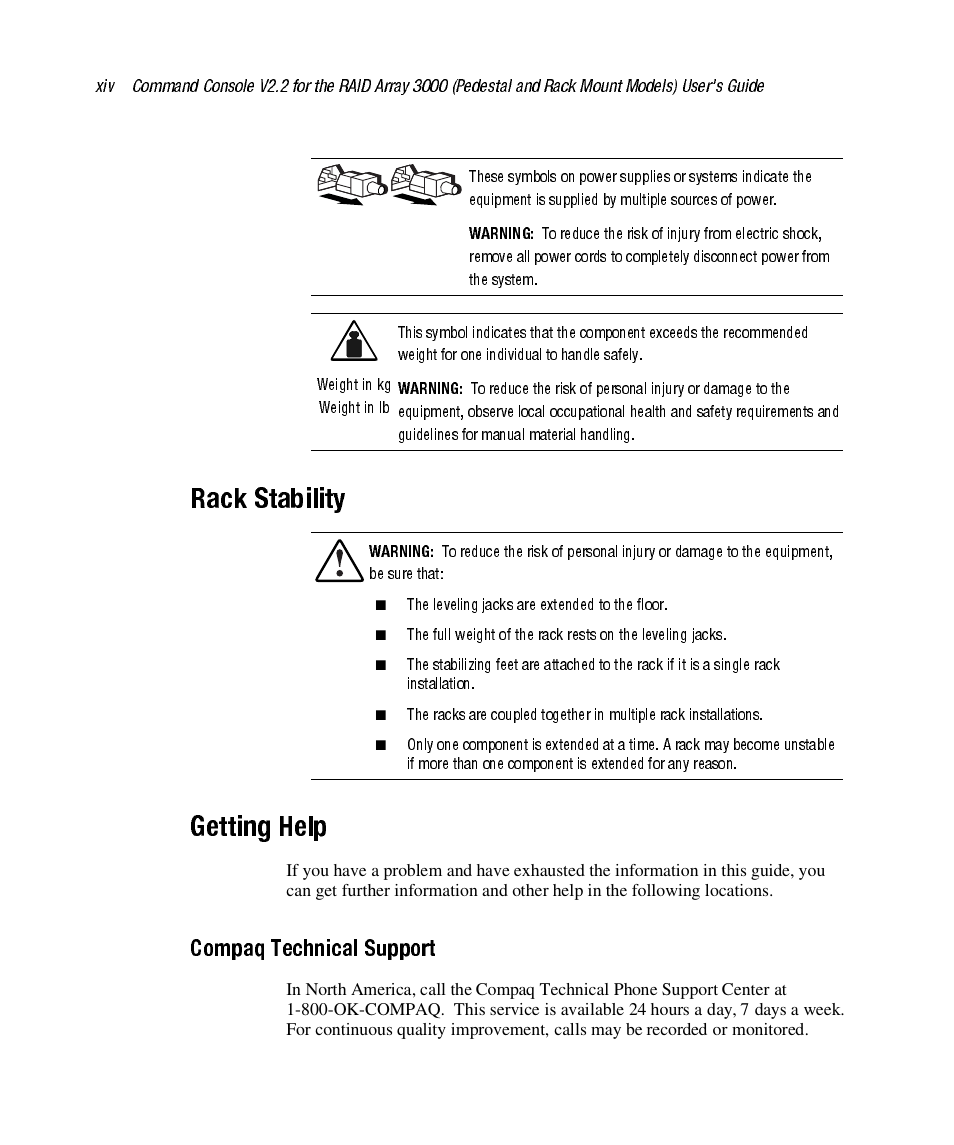 Rack stability, Getting help, Compaq technical support | HP StorageWorks 3000 RAID Array User Manual | Page 14 / 126