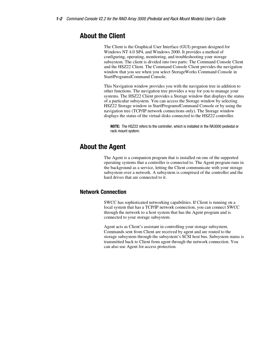 About the client, About the agent, Network connection | HP StorageWorks 3000 RAID Array User Manual | Page 18 / 126