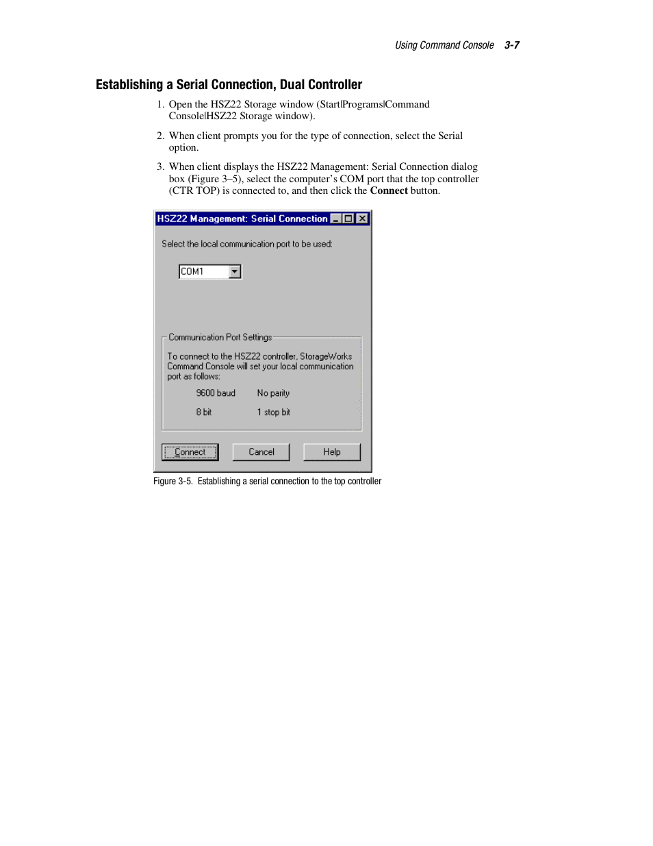 Establishing a serial connection, dual controller | HP StorageWorks 3000 RAID Array User Manual | Page 53 / 126