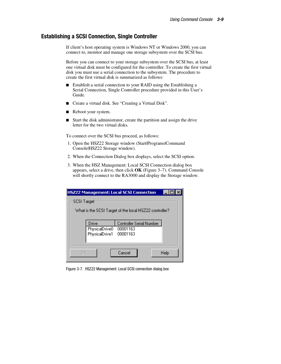 Establishing a scsi connection, single controller | HP StorageWorks 3000 RAID Array User Manual | Page 55 / 126