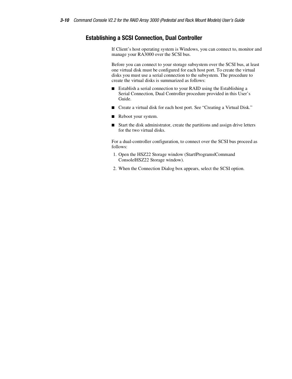 Establishing a scsi connection, dual controller | HP StorageWorks 3000 RAID Array User Manual | Page 56 / 126