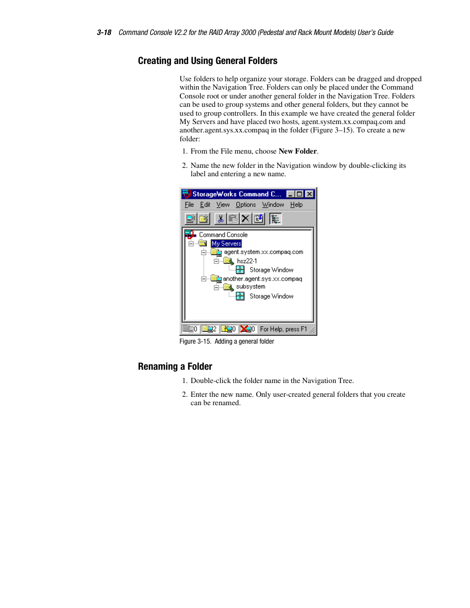 Creating and using general folders, Renaming a folder | HP StorageWorks 3000 RAID Array User Manual | Page 64 / 126