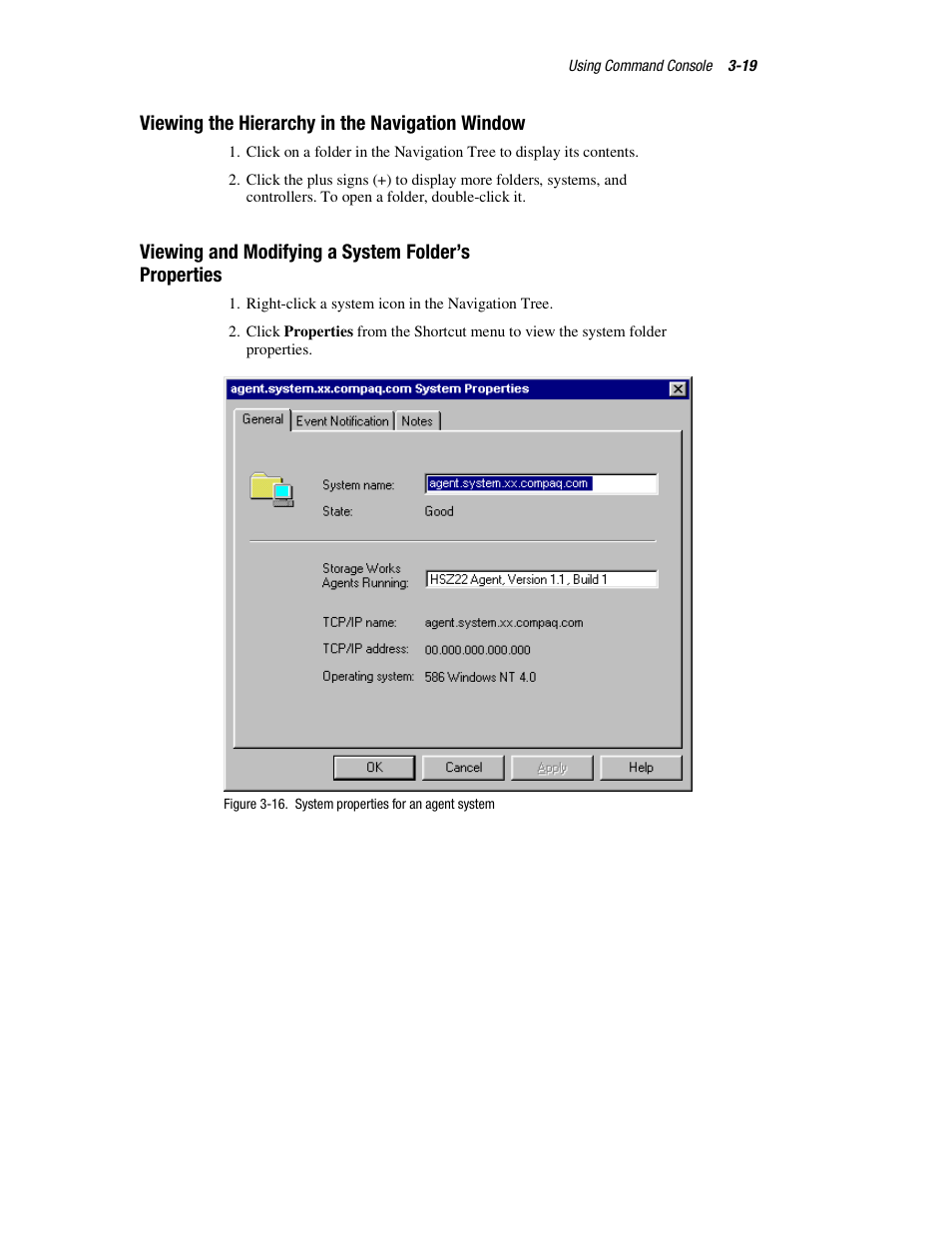 Viewing the hierarchy in the navigation window, Viewing and modifying a system folder’s properties | HP StorageWorks 3000 RAID Array User Manual | Page 65 / 126