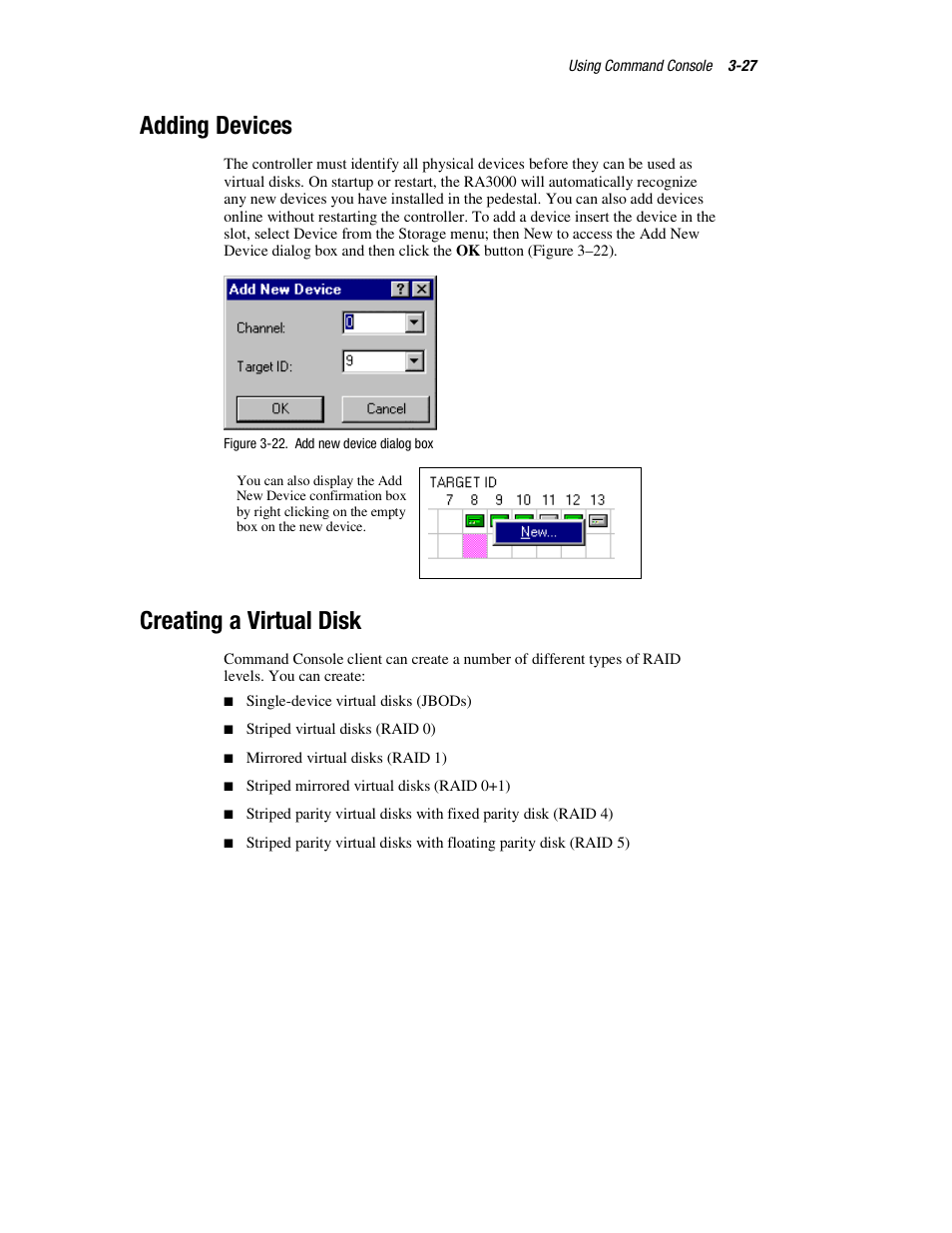 Adding devices, Creating a virtual disk | HP StorageWorks 3000 RAID Array User Manual | Page 73 / 126