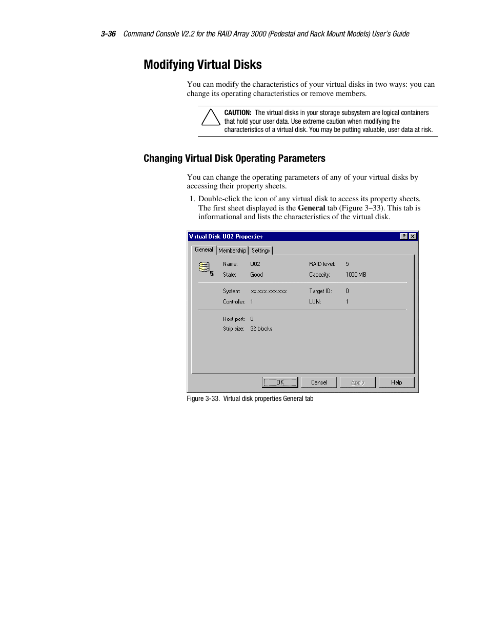 Modifying virtual disks, Changing virtual disk operating parameters | HP StorageWorks 3000 RAID Array User Manual | Page 82 / 126