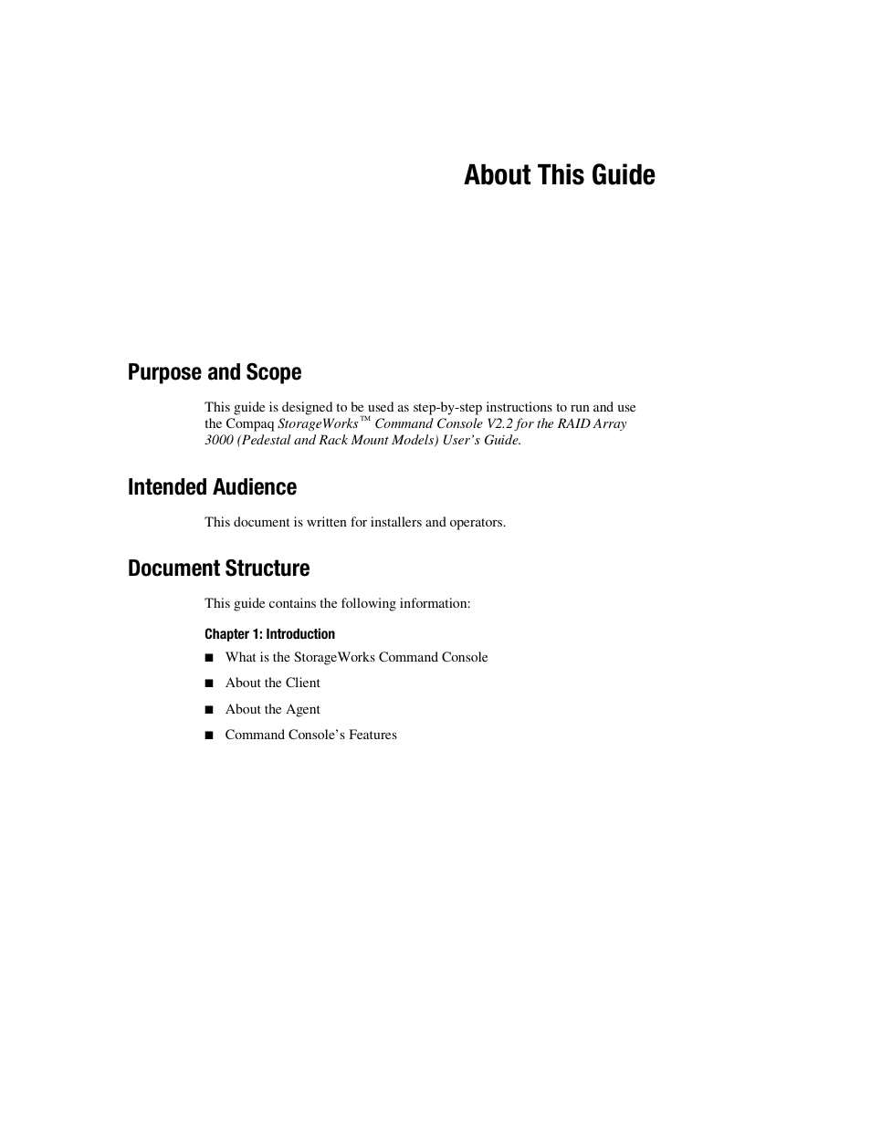 About this guide, Purpose and scope, Intended audience | Document structure | HP StorageWorks 3000 RAID Array User Manual | Page 9 / 126