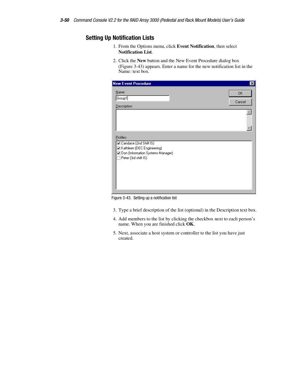 Setting up notification lists | HP StorageWorks 3000 RAID Array User Manual | Page 96 / 126