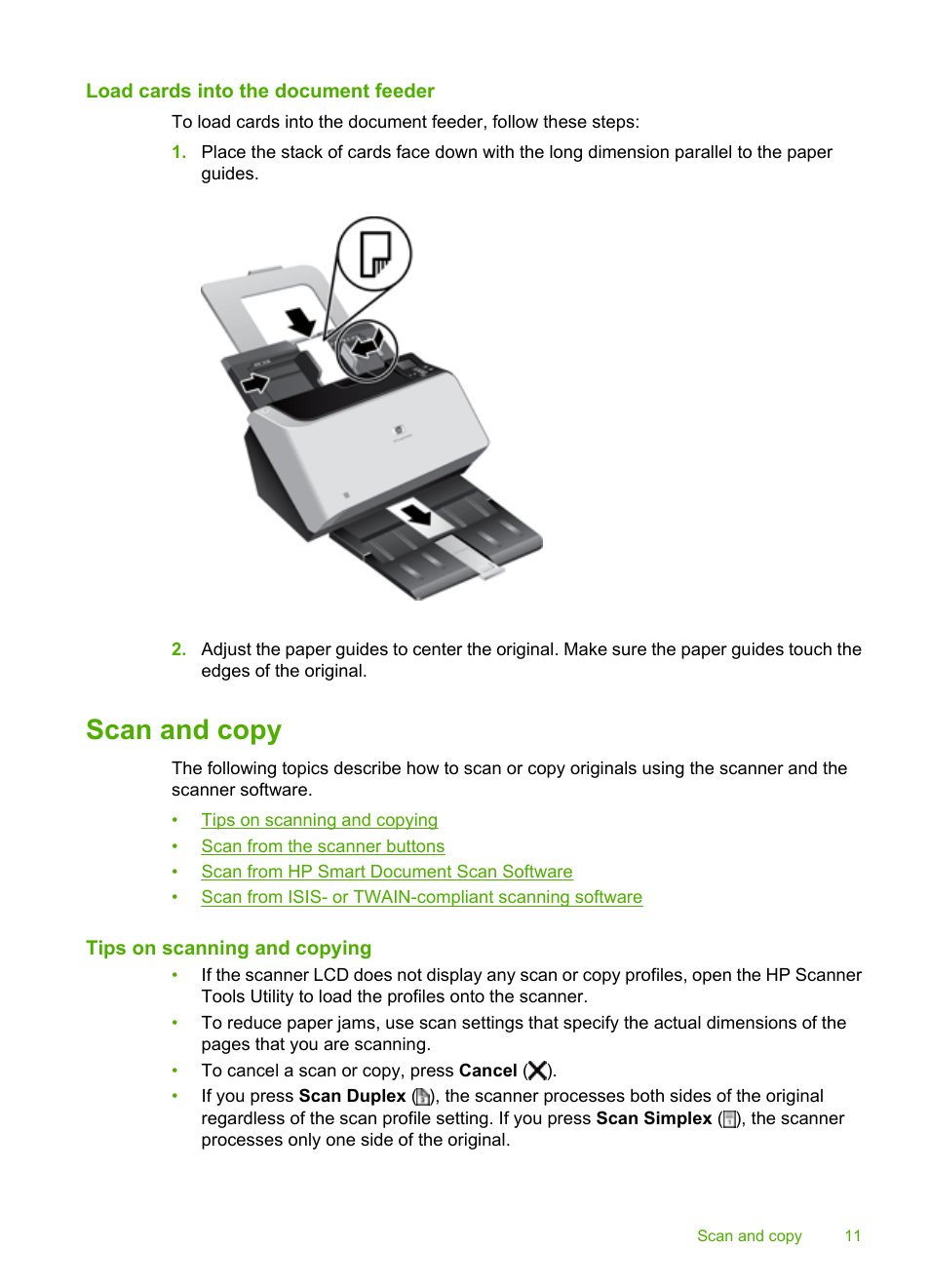 Load cards into the document feeder, Scan and copy, Tips on scanning and copying | HP Scanjet Enterprise 9000 Sheet-feed Scanner User Manual | Page 13 / 41