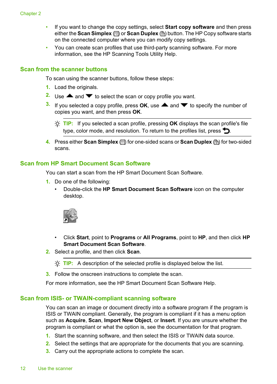 Scan from the scanner buttons, Scan from hp smart document scan software | HP Scanjet Enterprise 9000 Sheet-feed Scanner User Manual | Page 14 / 41