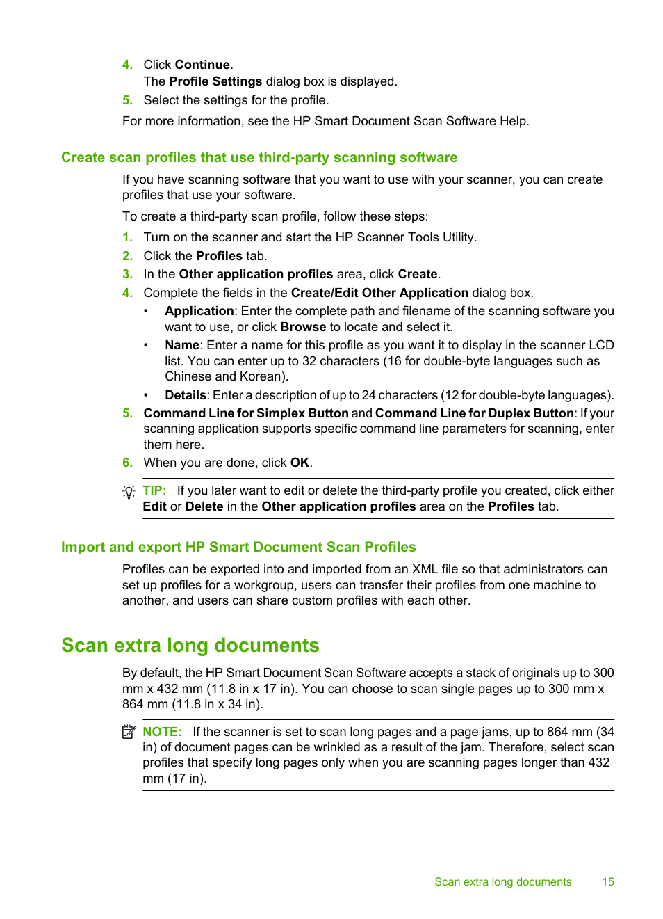 Import and export hp smart document scan profiles, Scan extra long documents | HP Scanjet Enterprise 9000 Sheet-feed Scanner User Manual | Page 17 / 41