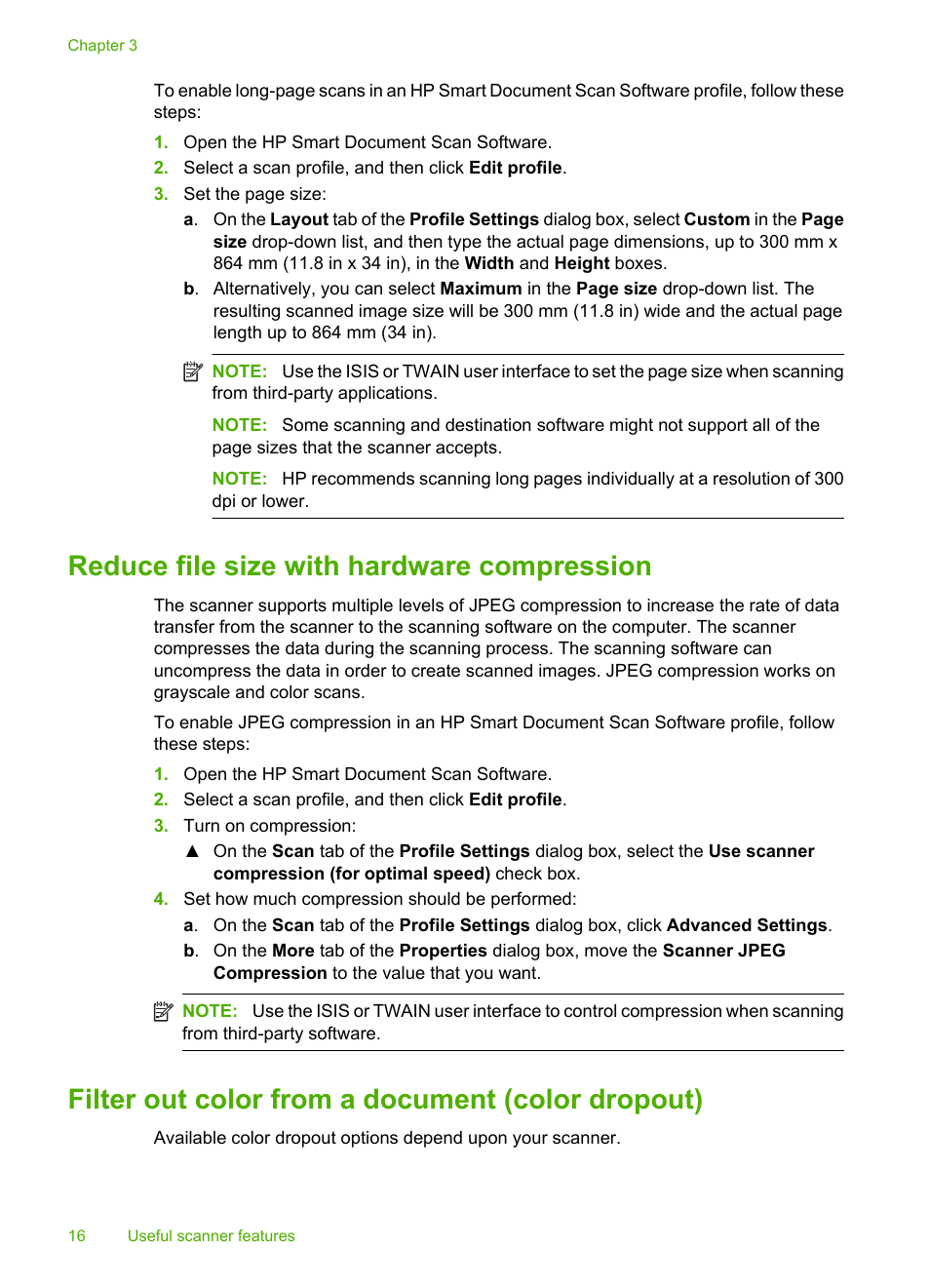 Reduce file size with hardware compression, Filter out color from a document (color dropout) | HP Scanjet Enterprise 9000 Sheet-feed Scanner User Manual | Page 18 / 41