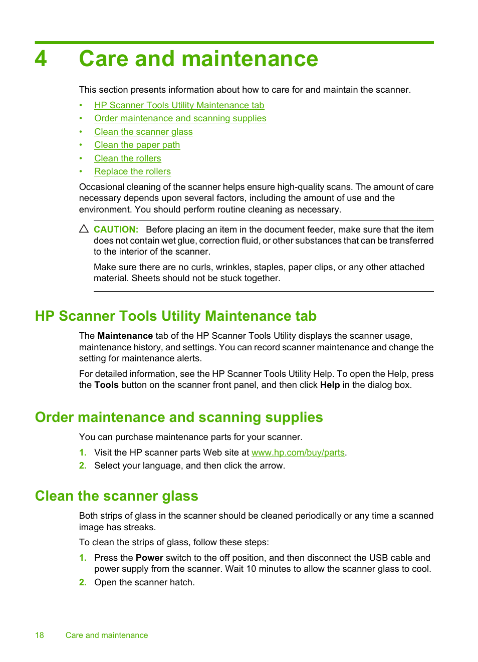 Care and maintenance, Hp scanner tools utility maintenance tab, Order maintenance and scanning supplies | Clean the scanner glass, 4 care and maintenance, 4care and maintenance | HP Scanjet Enterprise 9000 Sheet-feed Scanner User Manual | Page 20 / 41