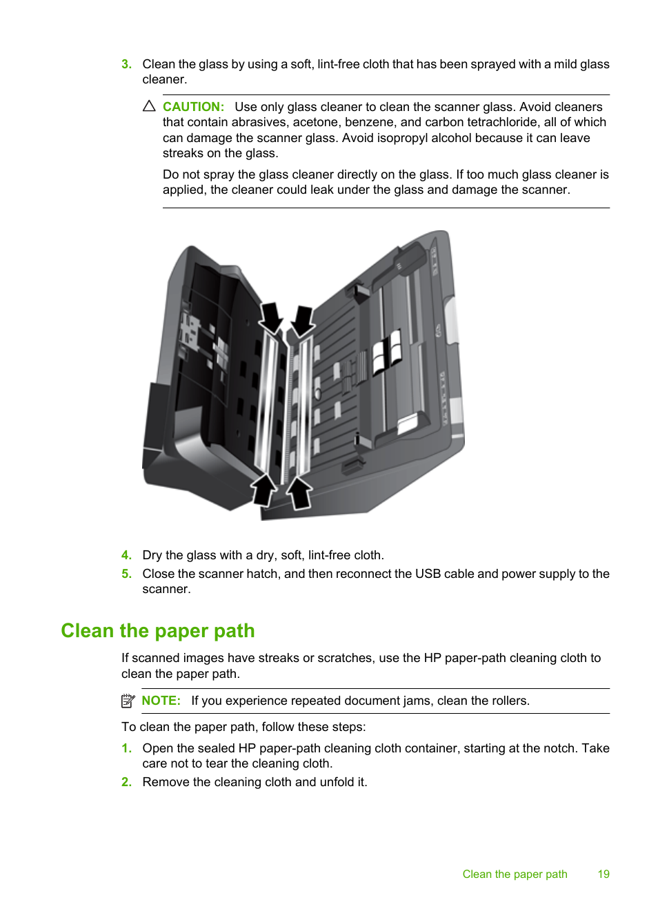 Clean the paper path | HP Scanjet Enterprise 9000 Sheet-feed Scanner User Manual | Page 21 / 41