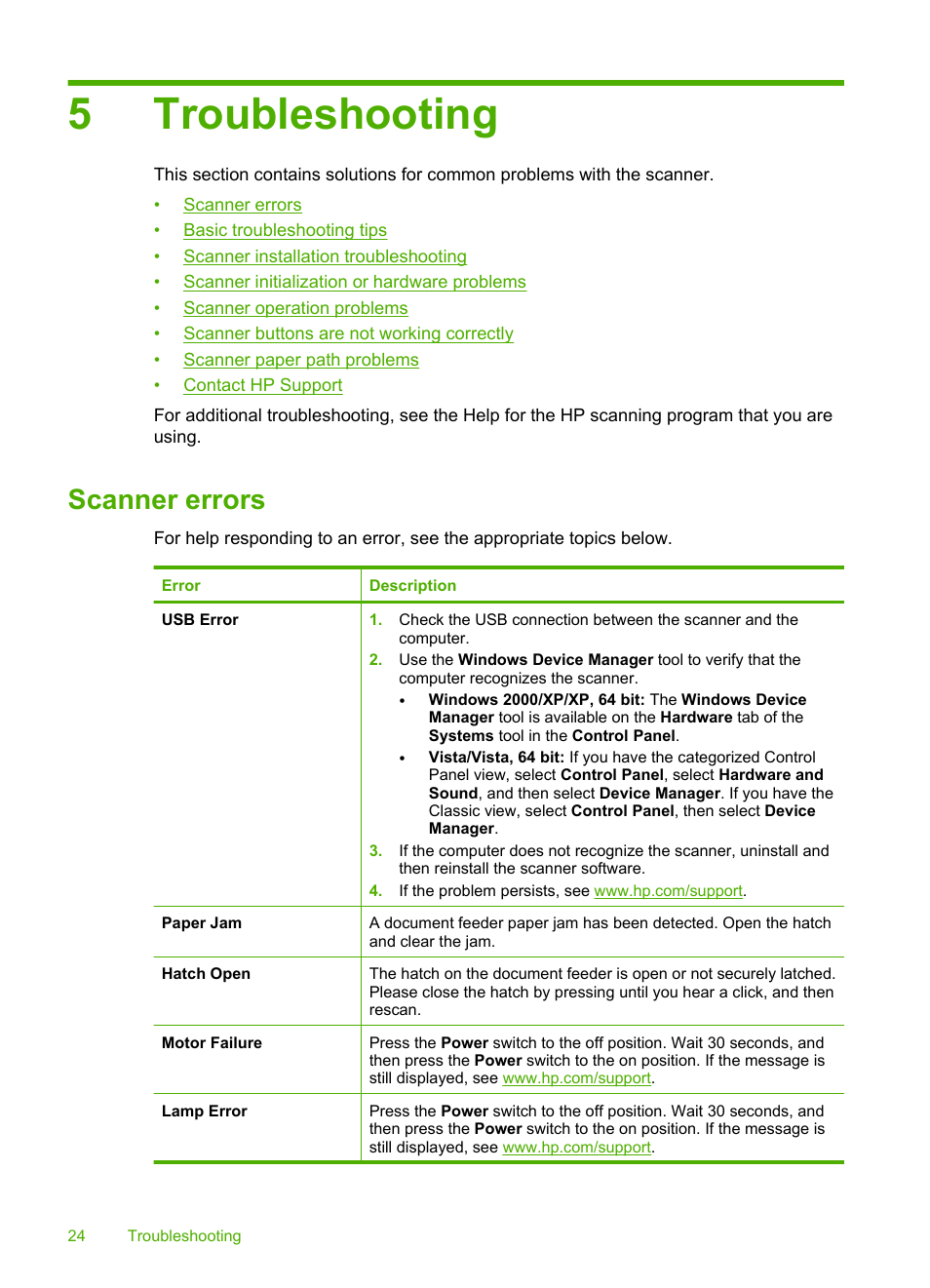 Troubleshooting, Scanner errors, 5 troubleshooting | 5troubleshooting | HP Scanjet Enterprise 9000 Sheet-feed Scanner User Manual | Page 26 / 41