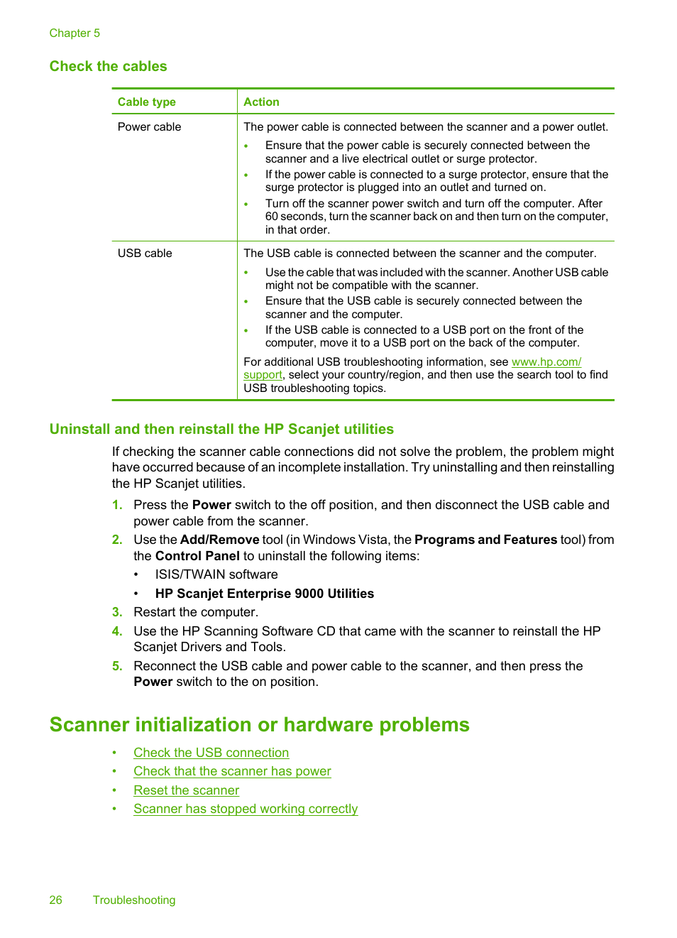 Check the cables, Scanner initialization or hardware problems | HP Scanjet Enterprise 9000 Sheet-feed Scanner User Manual | Page 28 / 41