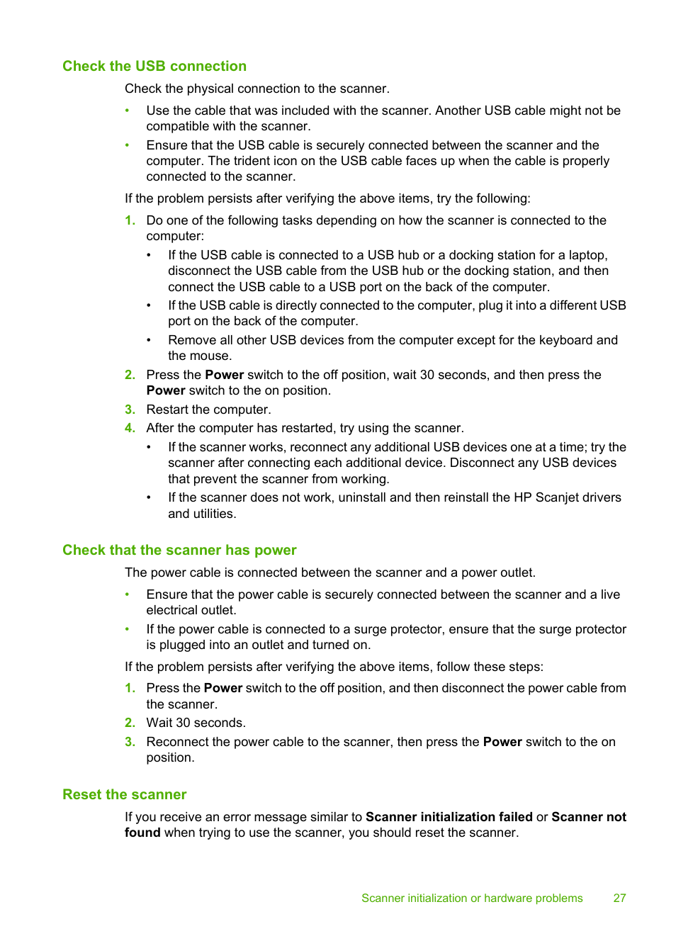 Check the usb connection, Check that the scanner has power, Reset the scanner | HP Scanjet Enterprise 9000 Sheet-feed Scanner User Manual | Page 29 / 41