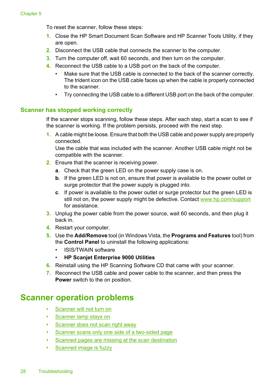 Scanner has stopped working correctly, Scanner operation problems | HP Scanjet Enterprise 9000 Sheet-feed Scanner User Manual | Page 30 / 41
