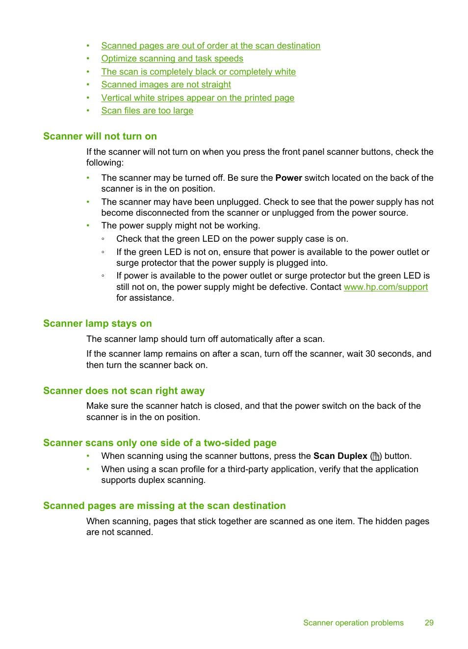 Scanner will not turn on, Scanner lamp stays on, Scanner does not scan right away | HP Scanjet Enterprise 9000 Sheet-feed Scanner User Manual | Page 31 / 41