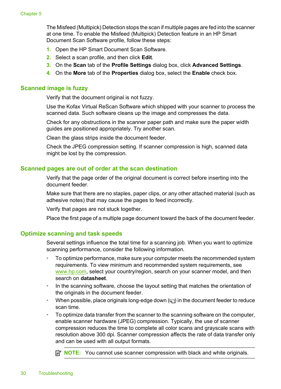 Scanned image is fuzzy, Optimize scanning and task speeds | HP Scanjet Enterprise 9000 Sheet-feed Scanner User Manual | Page 32 / 41