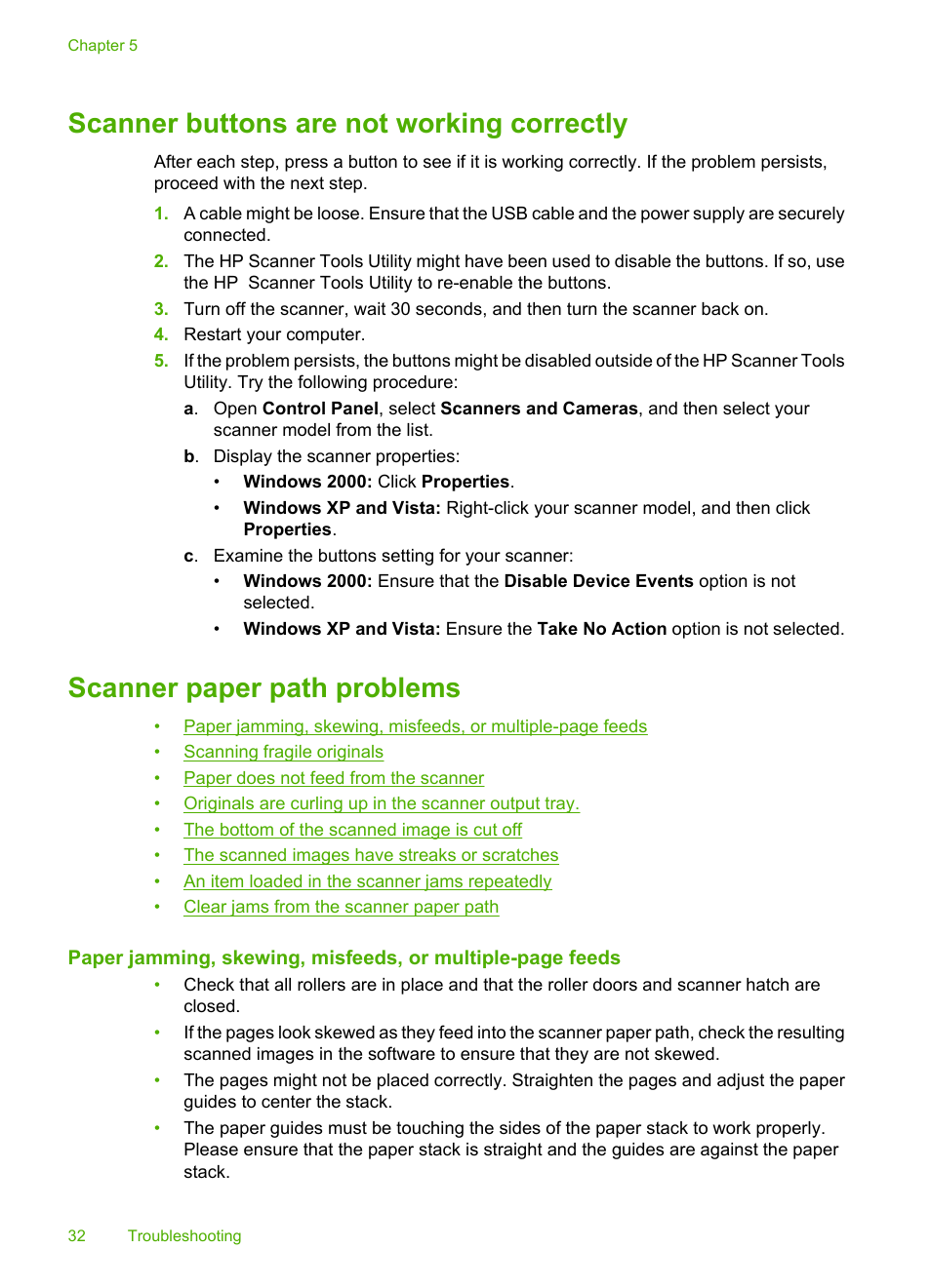 Scanner buttons are not working correctly, Scanner paper path problems | HP Scanjet Enterprise 9000 Sheet-feed Scanner User Manual | Page 34 / 41