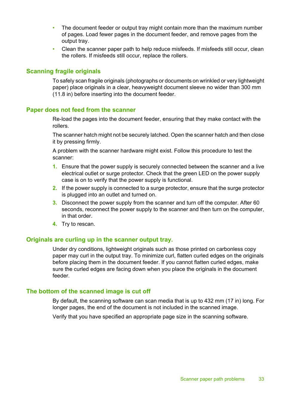 Scanning fragile originals, Paper does not feed from the scanner, The bottom of the scanned image is cut off | HP Scanjet Enterprise 9000 Sheet-feed Scanner User Manual | Page 35 / 41