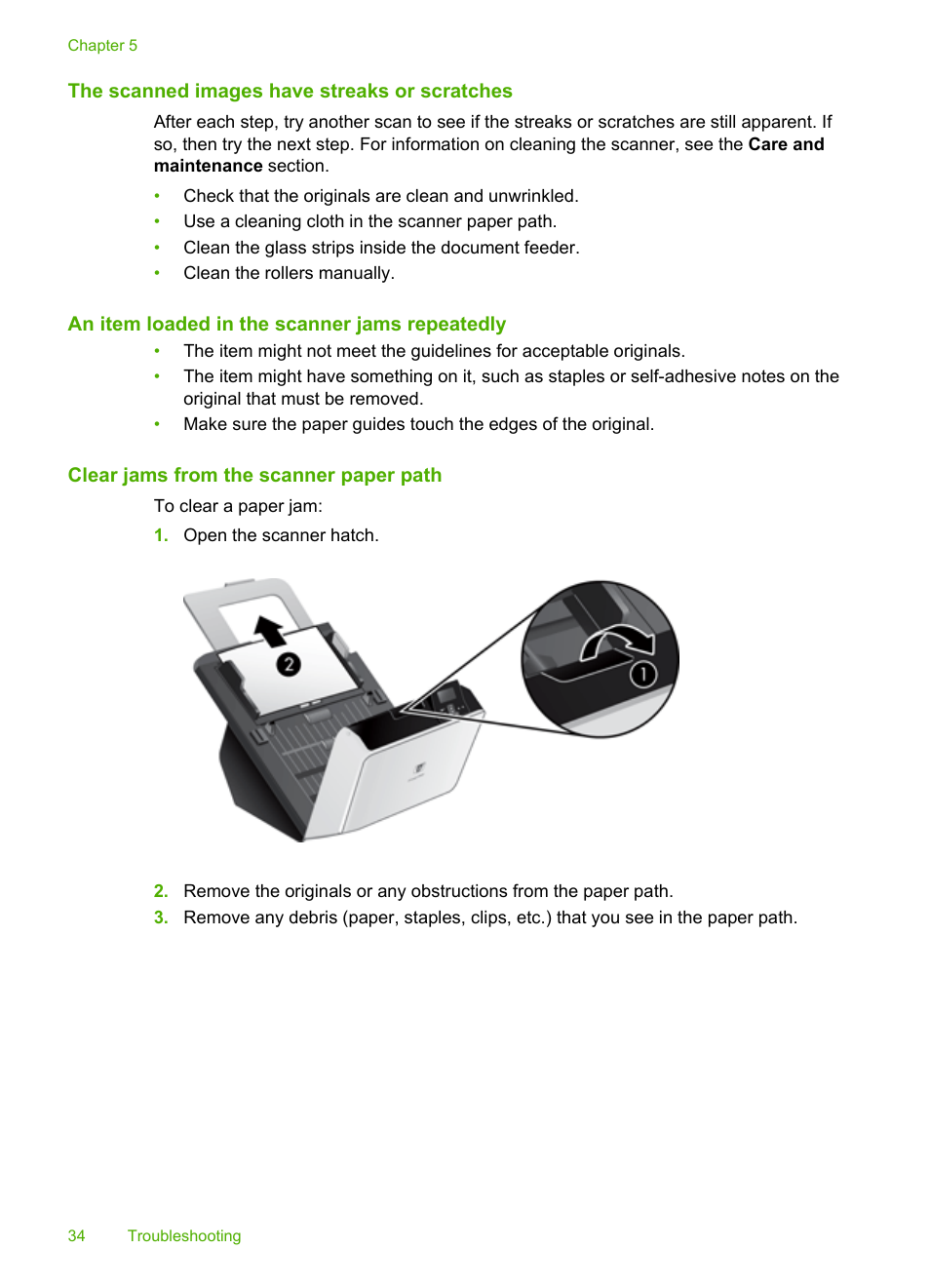 The scanned images have streaks or scratches, An item loaded in the scanner jams repeatedly, Clear jams from the scanner paper path | HP Scanjet Enterprise 9000 Sheet-feed Scanner User Manual | Page 36 / 41