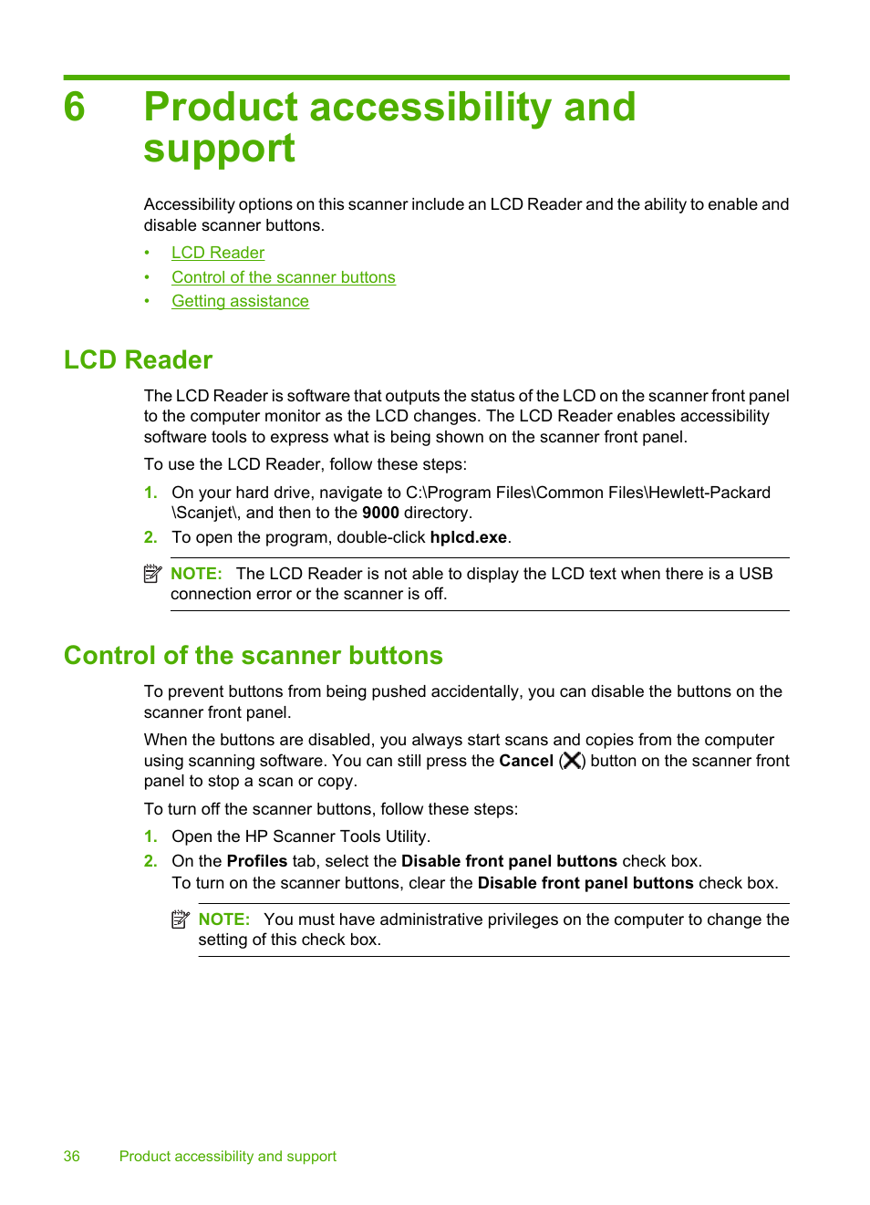 Product accessibility and support, Lcd reader, Control of the scanner buttons | 6 product accessibility and support, Lcd reader control of the scanner buttons, 6product accessibility and support | HP Scanjet Enterprise 9000 Sheet-feed Scanner User Manual | Page 38 / 41
