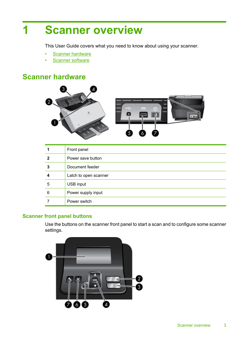 Scanner overview, Scanner hardware, Scanner front panel buttons | 1 scanner overview, Scanner front panel buttons rotate the front panel, 1scanner overview | HP Scanjet Enterprise 9000 Sheet-feed Scanner User Manual | Page 5 / 41