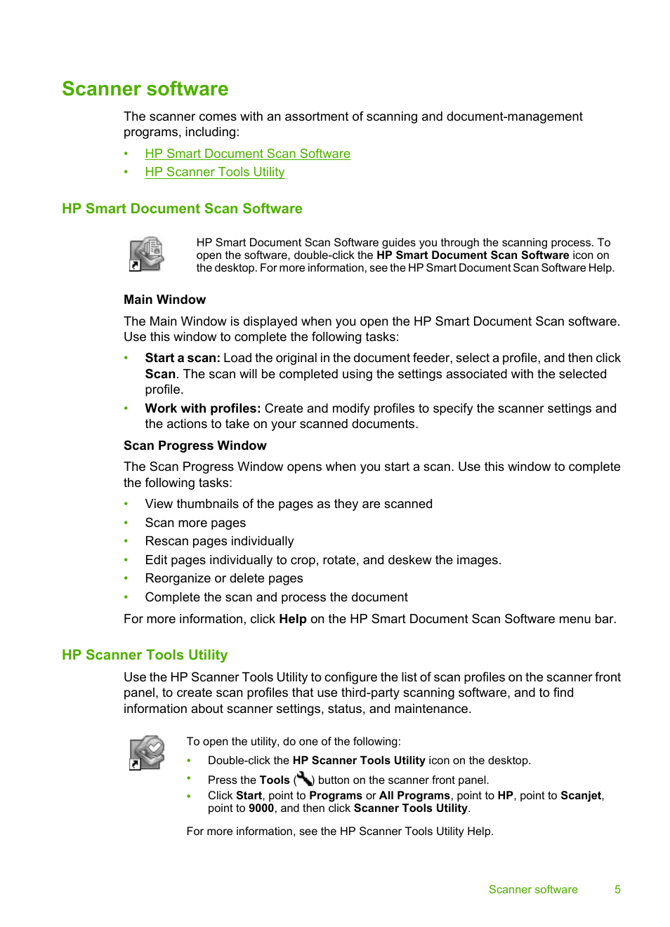 Scanner software, Hp smart document scan software, Hp scanner tools utility | HP Scanjet Enterprise 9000 Sheet-feed Scanner User Manual | Page 7 / 41
